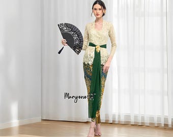 Sage Glossy Couple Kebaya Set Elegant Batik for Special Occasions,Bali Kebaya,Balinese Dress,Kebaya Bali,Bali Blouse,Balinese Kebaya