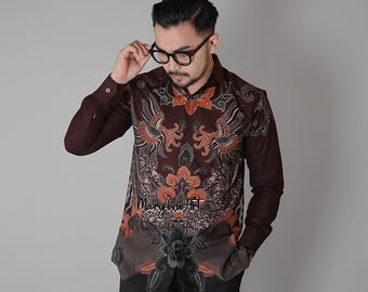 Handmade Indonesian Batik Shirt for Men Long Sleeve Cotton Batik Viraja with Full Lining