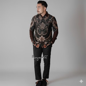 Handgemaakt Indonesisch batikshirt heren katoenen shirt met lange mouwen en voering Traditionele Javaanse Vishal Batik
