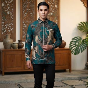 Exclusivité Larasmuka, chemise batik pour hommes, smocks brodés, veste semi-rigide en coton solo premium