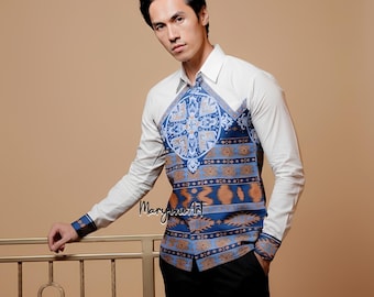 Handmade Indonesian Batik Shirt Men Blue Indarasa Motif White Shirt Cotton Long Sleeve