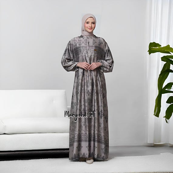 grey muslim dress Arshy Comfortable and Elegant Printing Motif Silk Gamis,muslim Dress,muslim Dress Wedding,women Attire,women Islamic Dress effortless elegance