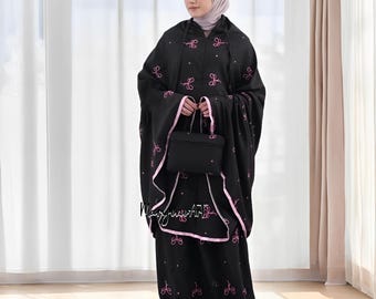Set di preghiera per adulti con motivo a nastro ricamato 2 in 1 in cotone Mukena, Mukena, abito da preghiera musulmano, abbigliamento da preghiera musulmano, abito da preghiera