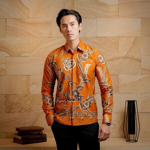 Men Modern Slim Fit Batik Shirt Widura Terracotta Pattern Premium Cotton Formal Long Sleeve