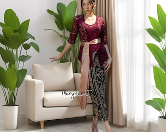 Elegant Cherry Red Brocade Bali Kebaya Set Modern Premium Comfortable,Bali Kebaya,Balinese Dress,Kebaya Bali,Bali Blouse,Balinese Kebaya