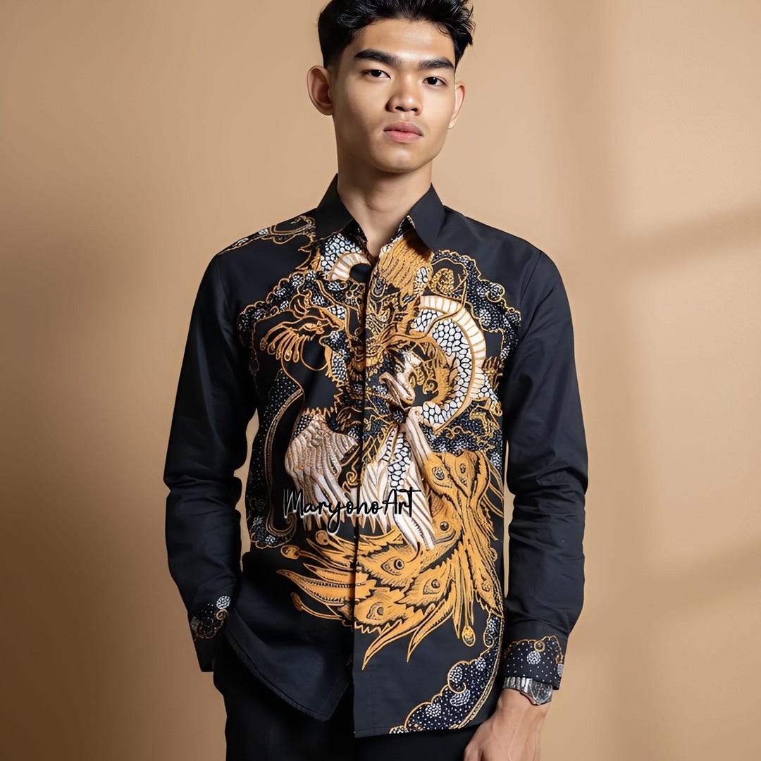 Handmade Indonesian Batik Shirt Men Gold Phoenix Motif Black Shirt