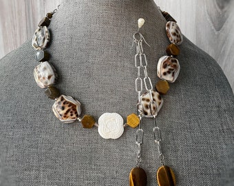 Cowrie Shell & Tiger Eye Necklace and Earrings SET -- handmade Gemstone Modern
