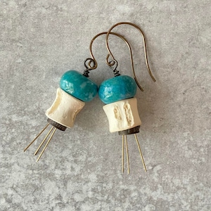 handmade earrings - Chrysocolla Gemstone Aged Brass Fish bone Radio part Ecclectic Unusual