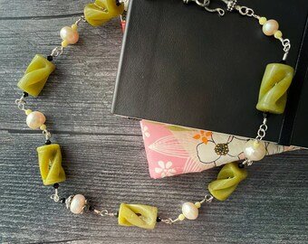 Handmade Gemstone Necklace - Carved Jade and BIG freshwater Pearls