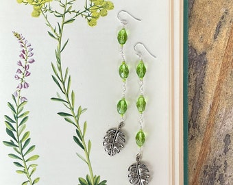 handmade Stainless steel earrings - LONG - Green Czech glass Monstera Leaf charms