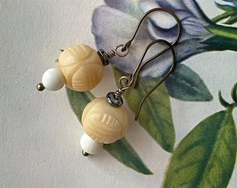 Carved Bone Antique beads & hematite Aged brass dangle Earrings