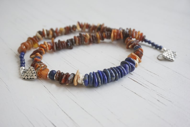 Baltic Amber Lapis Lazuli bead Sterling Silver handmade necklace gemstone Designer artisan