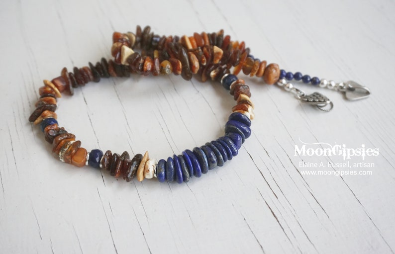 Baltic Amber Lapis Lazuli bead Sterling Silver handmade necklace gemstone Designer artisan