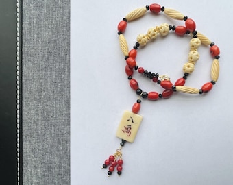 Year of the Dragon - Coral and Bone - handmade beaded gemstone necklace - Mah Jong