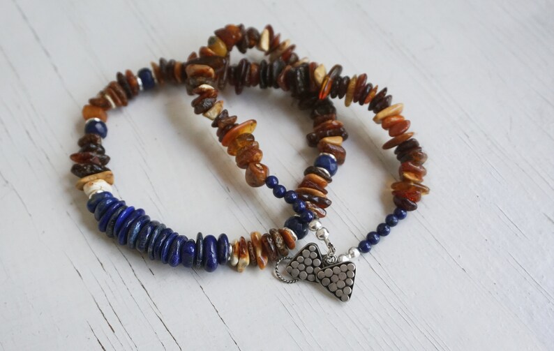 Baltic Amber Lapis Lazuli bead Sterling Silver handmade necklace gemstone Designer artisan