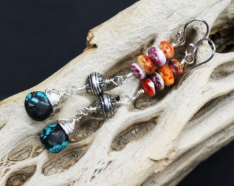 Arizona turquoise Spiny oyster shell - gemstone LONG sterling silver earrings