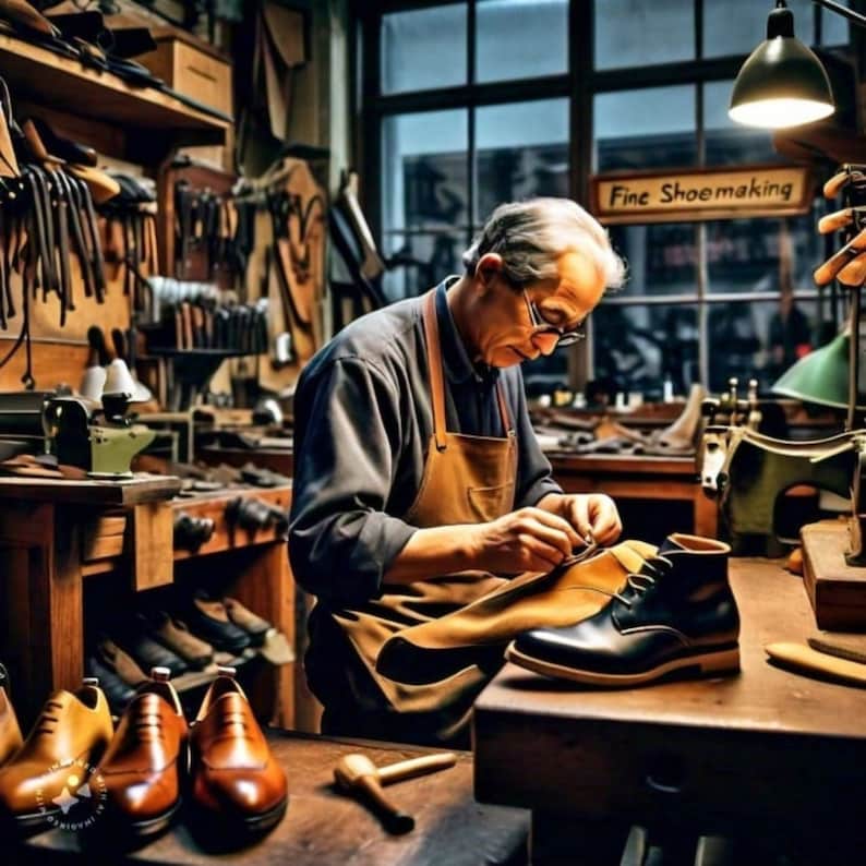 Puede incluir: Un hombre en un taller est&aacute; trabajando en un zapato de cuero negro con costuras marrones. Lleva un delantal de cuero marr&oacute;n y una camisa negra. El taller est&aacute; lleno de herramientas y equipos. El letrero que est&aacute; encima de &eacute;l dice "Fine Shoemaking".