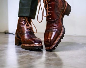 Handmade Two Tone Leather Chelsea Boots: Brown Leathe & Texture Ankle Boots