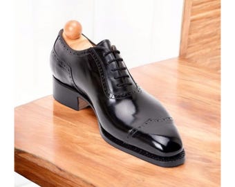 New Men&#39;s Handmade Black Real Cow Leather Stylish Cap Toe Lace Up Formal Oxford Brogue Party Wear Men&#39;s Dress Wedding Shoes