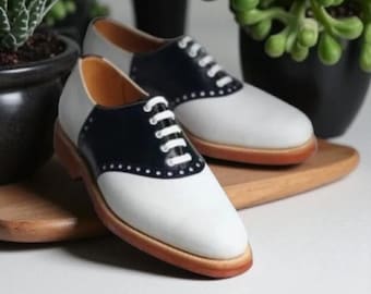 Handmade Two-Tone Leather Oxford Shoes: Men's Black & White Formal Wear Wedding