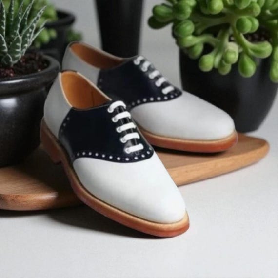 Handmade Two-Tone Leather Oxford Shoes: Men's Black & White Formal Wear Wedding