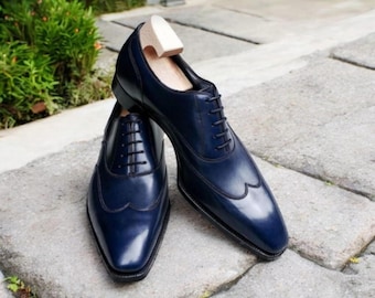 Men&#39;s New Fashion Handmade Blue Leather Wing Tip Lace Up Formal Oxford Wedding Dress Up Shoes