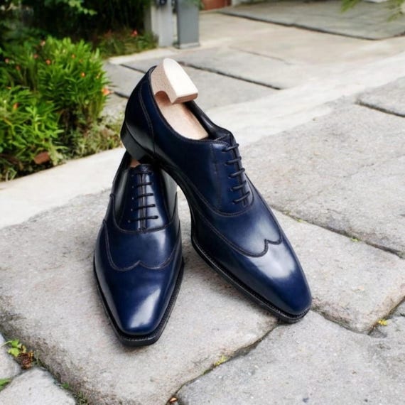 Handmade Blue Leather Wingtip Oxford Shoes: Men's Formal Dress Shoes Handmade Blue Leather Wingtip Oxford Shoes: Men's Formal Dress Shoes