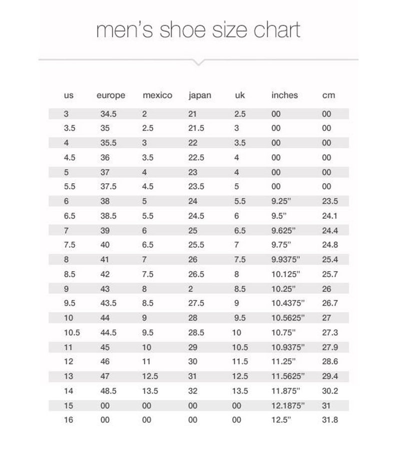 Puede incluir: Una tabla de conversi&oacute;n de tallas de zapatos para hombres, que muestra las tallas de zapatos en EE. UU., Europa, M&eacute;xico, Jap&oacute;n, Reino Unido, pulgadas y cent&iacute;metros.