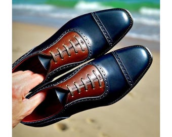 Handgemaakte tweekleurige leren Oxford-schoenen: herenbrogue met neuskap