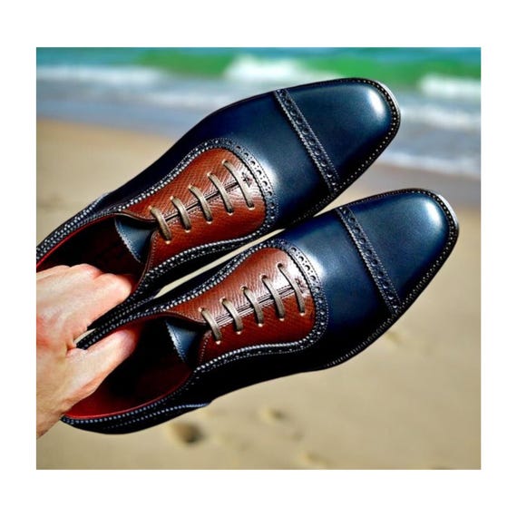 Handmade Two-Tone Leather Oxford Dress Shoes: Men's Cap Toe Brogue