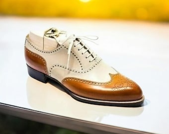 Handmade Two-Tone Leather Oxford Brogues: Men's Cream & Tan Wingtip Dress Shoes