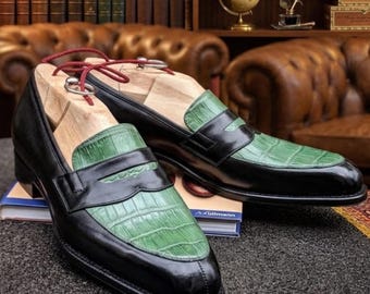 Handgefertigte Zweifarbige Leder Penny Loafer Schuhe: Klassische Herren Mokassins Schuhe