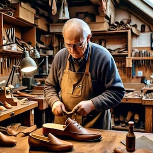 Puede incluir: Un hombre con un delantal marr&oacute;n trabaja en un par de zapatos de cuero marr&oacute;n en un taller. El taller est&aacute; lleno de herramientas y materiales para la fabricaci&oacute;n de zapatos.