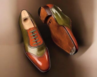 Handmade Two Tone Leather Oxford Brogue Dress Shoes: Wing Tip Lace-Up