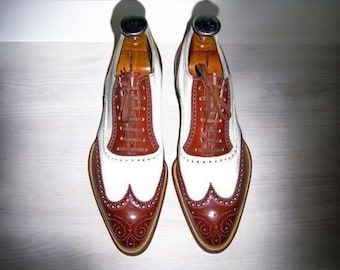 Handmade Two Tone Leather Oxford Brogue Shoes: Men's Maroon & White Wingtip Wedding Dress