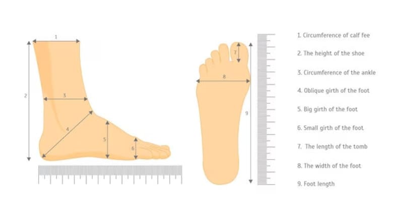 Puede incluir: Diagrama que muestra c&oacute;mo medir diferentes partes del pie y el tobillo para el tama&ntilde;o del zapato. Las medidas est&aacute;n etiquetadas con los n&uacute;meros del 1 al 9.