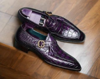 Handmade Purple Texture Leather Oxford Monk Shoes: Single Strap Formal Wedding Dress