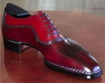 Handmade Two-Tone Red Shaded Leather Oxford Brogue Shoes: Men's Formal Dress Lace Up