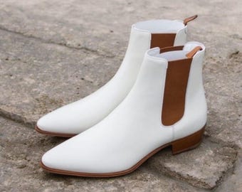 HandmadeWhite Leather Chelsea Boots: Men's Ankle High Dress Boots