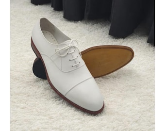 Handmade White Leather Oxford Shoes: Cap Toe Formal Dress Shoes