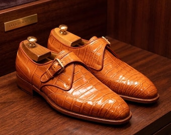 Chaussures de moine Oxford faites main en cuir texturé façon crocodile marron clair : robe de mariée formelle pour hommes