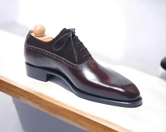 Bespoke New Fashion Men&#39;s Handmade Two Tone Brown Leather & Brown Suede Leather Lace Up Formal Oxford Party Wear Men&#39;s Wedding Dress Shoes