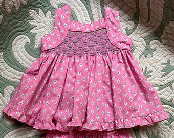 Size 6 months/1 year hand Smocked pink sundress with matching knickers