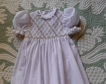 Size 5 Hand Smocked White mini spot Dress, handsewn classic girls party dress, rose embroidery geometric smocking design