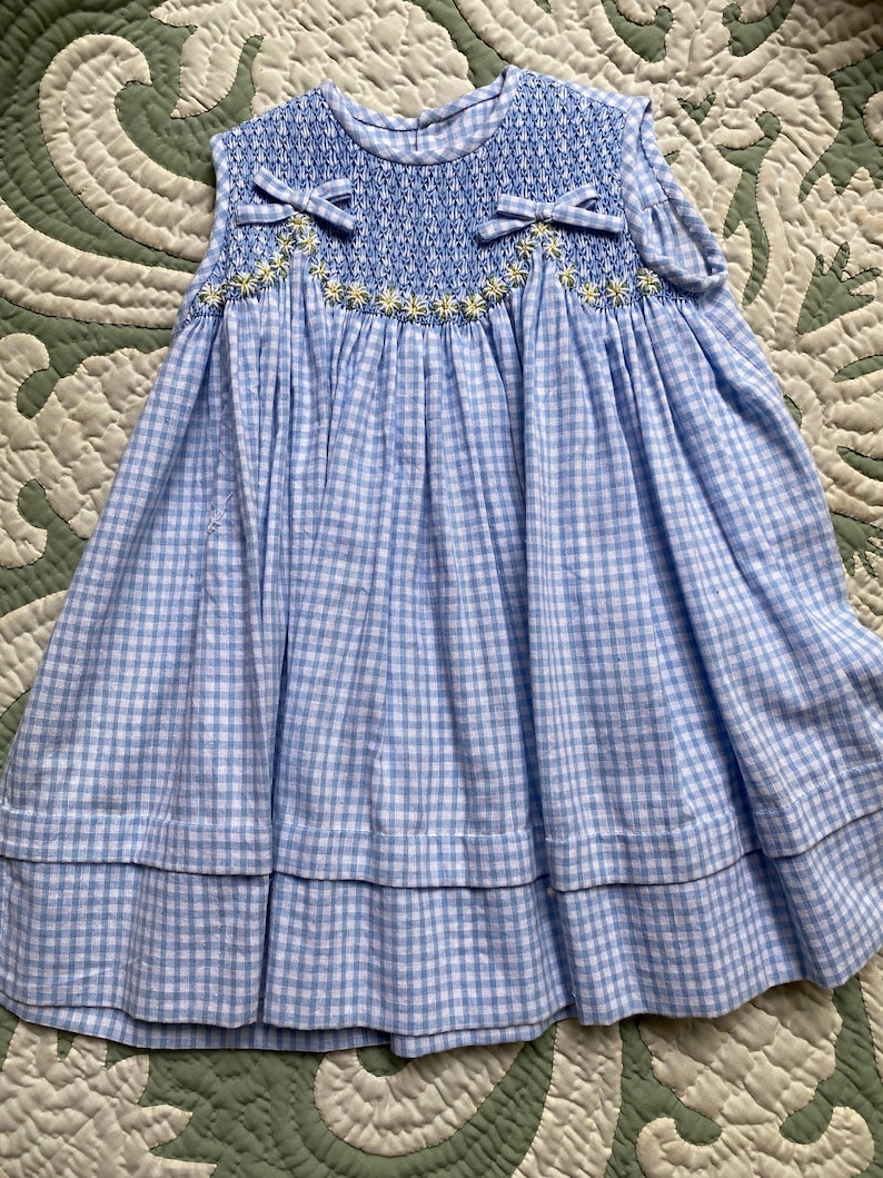 Size 12 Hand Smocked blue gingham dress with embroidered daisies