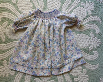 Size 1 Hand Smocked floral Bishop Yoke Dress with seed pearls.