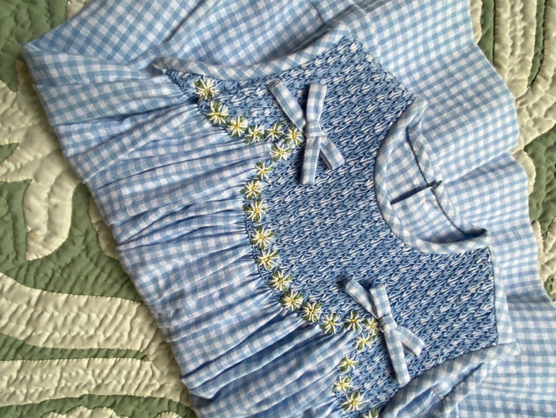 Size 12 Hand Smocked blue gingham dress with embroidered daisies