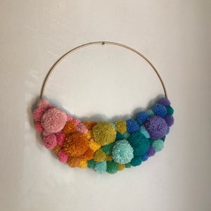 Rainbow Pom Pom Wreath, Ombré Hoop Wreath, Rainbow Nursery Decor, Rainbow Wall Hanging, Pride Decor, Boho Decor, Crescent Moon Wreath