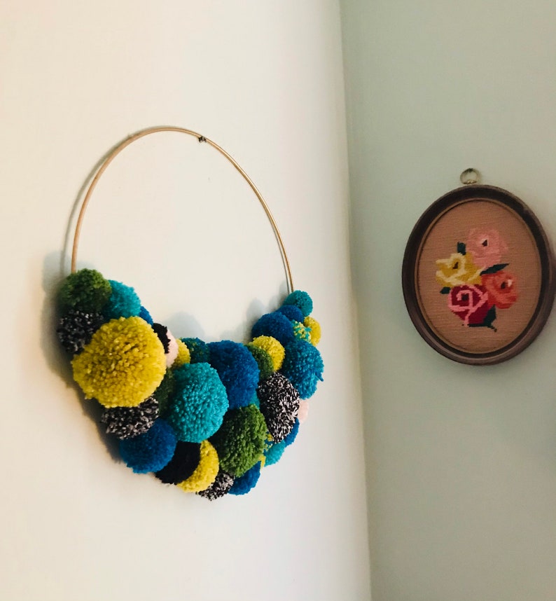 Pom Pom Wreath, Hoop Wreath, Nursery Decor, Wall Hanging, Pride Decor, Blue Pom Pom Wreath, Turquoise Pom Pom Wreath, Crescent Wreath image 2