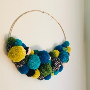 Pom Pom Wreath, Hoop Wreath, Nursery Decor, Wall Hanging, Pride Decor, Blue Pom Pom Wreath, Turquoise Pom Pom Wreath, Crescent Wreath image 3